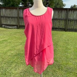 Pink coral sleeve less tunic style top with gold neckline trim size large GUC